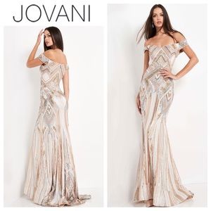 JOVANI Sequined Off Shoulder Gown